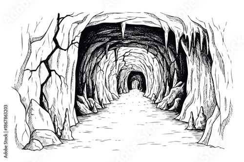 Hand drawn cave tunnel leading deep into an ancient underground passage with stalactites and stalagmites, perfect for adventure game environments, fantasy story settings, or mystery themed