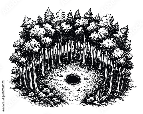 A mysterious dark hole in a circular woodland clearing surrounded by tall trees and lush plants, perfect for fantasy storytelling and natural environment projects.