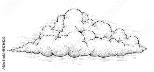 A detailed handdrawn fluffy cloud featuring intricate pen strokes, capturing a natural weather element ideal for print media projects and educational materials on meteorology topics