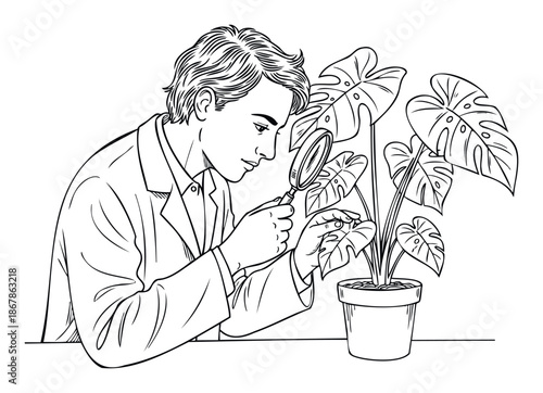 Professional scientist or botanist in a lab coat closely observing a lush plant leaf with a magnifying glass, ideal for educational materials, scientific publications, and horticultural