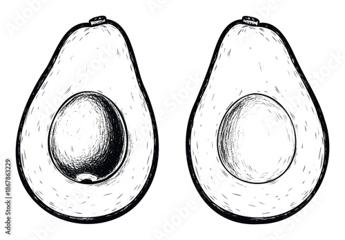 Monochromatic ink style depiction of two sliced avocado halves, one featuring its pit and the other without, suitable for culinary publications, nutrition guides, or kitchenthemed