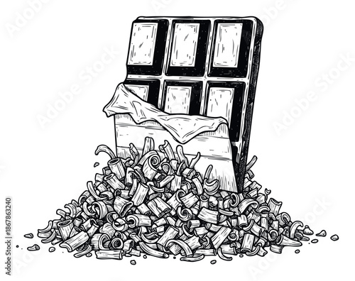 Delicious dark chocolate bar standing in a pile of delectable chocolate shavings perfect for gourmet dessert recipes and confectionery marketing materials