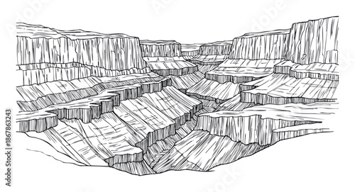 Detailed ink drawing of a vast rocky canyon with layered cliffs and dramatic natural formations, perfect for geology studies, adventure travel promotions, or outdoor landscape projects.