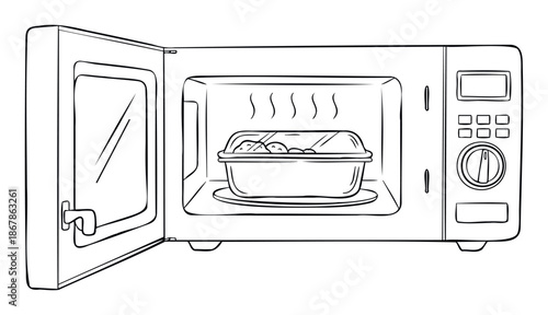 Outline drawing of an open microwave oven with a steaming food container inside, perfect for kitchen appliance guides or cooking process diagrams