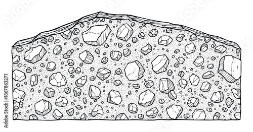 Geological crosssection showcasing various embedded stones and granular material suitable for educational materials or environmental science presentations
