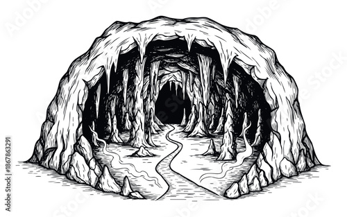 Ancient cave entrance featuring intricate stalactites and stalagmites leading to a dark passage, perfect for themes of mystery, exploration, and underground adventures.