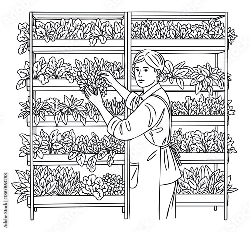 Woman harvesting fresh leafy greens from a modern vertical garden shelf system, illustrating sustainable indoor farming practices for urban agriculture and healthy food concepts