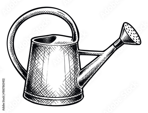 Traditional metal watering can drawing perfect for gardening enthusiasts and home decor projects seeking a classic, rustic or vintage black and white garden tool aesthetic
