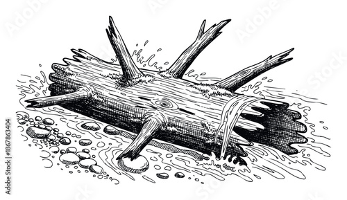 Roughly sketched log partially submerged in flowing river water with visible pebbles suitable for nature themed designs or outdoor recreation websites