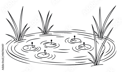 A minimalist line drawing depicting a peaceful pond with several water lily pads and surrounding aquatic reeds, suitable for coloring pages or naturethemed educational content.