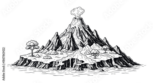 Detailed black and white engraving style artwork depicting a dramatic volcanic island with a smoking mountain peak, rugged cliffs, flowing rivers, and lush foliage, perfect for adventure