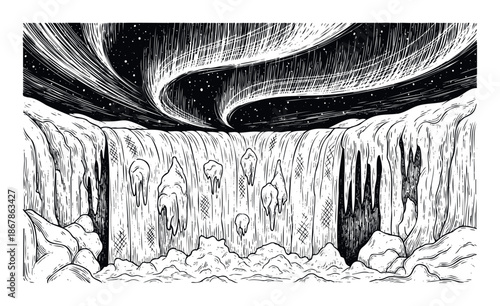 A stunning frozen waterfall under a starry night sky with vibrant aurora borealis creates a majestic winter landscape suitable for travel blogs, nature documentaries, or outdoor adventure