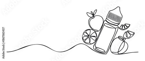 Modern continuous line drawing of an ejuice bottle with assorted citrus fruits, perfect for vape flavor advertisements and contemporary packaging design