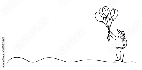 Single continuous line drawing of a happy individual with a backpack holding four flying balloons, ideal for celebratory announcements, simple posters, or inspirational social media