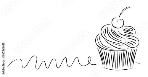 Simple graphic outline drawing of a delicious cupcake with creamy frosting and a cherry on top connected by a sweet wavy line perfect for dessert menus or bakery promotions.