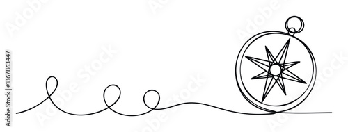 Simple elegant continuous line drawing depicting an abstract winding path leading to a vintage style compass rose symbol, perfect for travel blogs, navigation guides, business