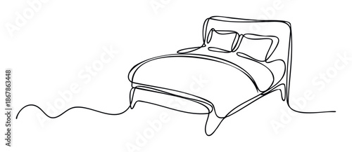 Continuous line drawing of a comfortable bed with pillows and blanket for modern home decor concepts, bedroom design inspiration, and sleep product advertising graphics.