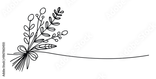 A charming handdrawn line art botanical bouquet with leaves and berries tied with a bow, perfect for naturethemed invitations, greeting decorations, or minimalist aesthetic graphic projects.