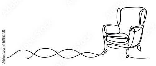 Modern continuous line sketch of a comfortable wingback armchair with a graceful wavy extension, perfect for interior design inspiration, furniture advertisements, or minimalist graphic