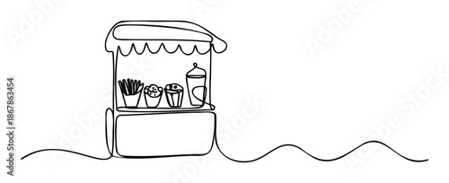 Simple continuous line drawing of a food cart selling popular street food like fries and ice cream, perfect for food industry marketing, culinary presentations, or casual eatery signage.