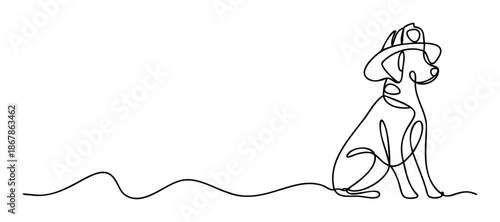 A charming single continuous line art drawing depicting a sitting dog wearing a protective helmet, perfect for creating engaging logos, playful pet care advertisements, or modern veterinary