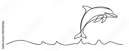 Minimalist continuous line depiction of a playful dolphin leaping above the water surface ideal for modern nature inspired prints and media applications