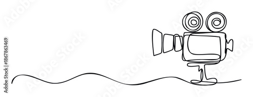 Minimalist continuous line drawing of a classic film camera on a stand, suitable for media production company logos, film school presentations, or movie event invitations