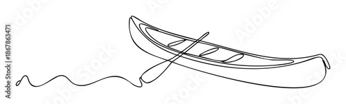 Continuous line drawing of a canoe with paddles on a wavy water surface for outdoor adventure promotions, summer recreation graphics, or simple travel icons