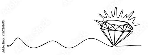 Elegant continuous line drawing depicting a sparkling diamond with a minimalist wavy extension, perfect for jewelry brand identity, luxury product advertising, or sophisticated graphic