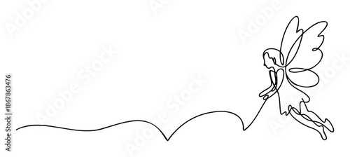 Continuous one line drawing of a magical flying fairy with delicate wings, evoking wonder and imagination, perfect for storybook covers, whimsical decor, or enchanting event invitations.