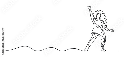 Dynamic single line drawing of an expressive person with curly hair and an uplifted arm, symbolizing success, freedom, or happiness, suitable for digital media, print materials, or positive