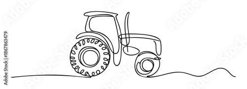 Simple single continuous line drawing of a farm tractor with large rear wheels moving across an imaginary field, perfect for agricultural business branding, childrens books, or educational