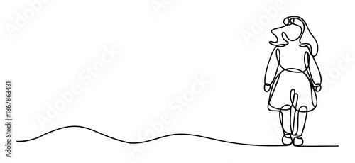 Continuous one line drawing of a standing girl figure with a simple flowing line, perfect graphic resource for minimalist projects and presentations
