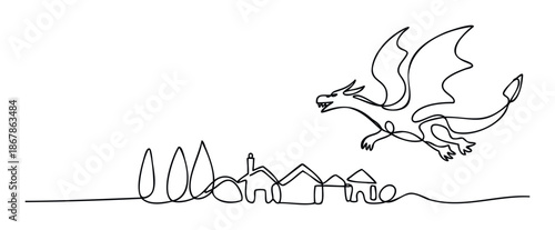 A minimalist continuous line drawing depicting a mythical flying dragon approaching a quaint village of houses and trees, perfect for childrens books, fantasy themes, or graphic resource