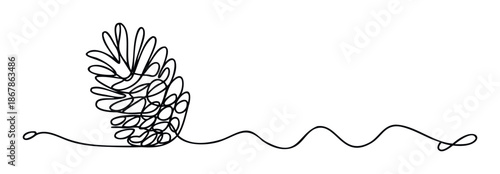 Minimalist pine cone drawing in continuous single line style extending with a wavy trail, perfect for nature themed decorations, winter holiday season concepts, or simple graphic elements.