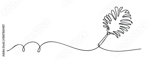 A simple elegant black continuous line drawing illustrating a modern duster for household cleaning and dusting tasks, suitable for minimalist graphic designs and product presentations.
