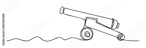 Continuous single line drawing of a classic wheeled cannon representing historical military weaponry for use in educational materials or graphic projects