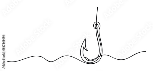 Simple continuous line drawing of a fishing hook on a line above stylized water representing a metaphor for opportunity, attraction, or the fishing industry