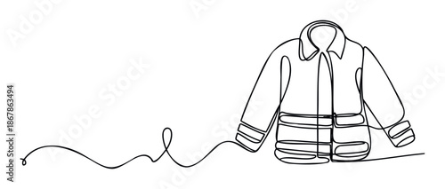 A continuous line drawing captures the essence of a brave firefighters protective jacket, symbolizing courage and safety, perfect for emergency service promotions and educational materials.