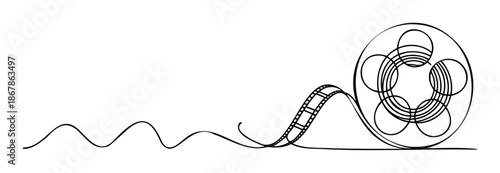 Dynamic outline drawing of a classic film reel unwinding into a winding film strip, ideal for representing cinema, movie production, storytelling, and visual media projects