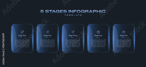 Dark Minimal Tech Infographic Template with Neon Blue Gradient 5 Steps or Stages Vector Diagram for AI Data Analysis Semiconductor UI Interface Layout