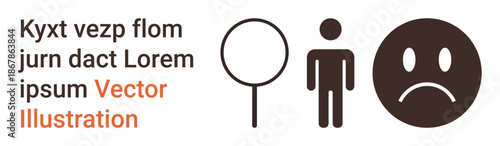 Search, identity, sadness, emotions, information, observation. A magnifying glass, human figure and sad face emotions and investigation. Search and identity through symbols