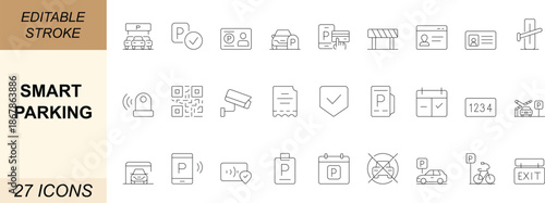 Smart parking line icons. With car, vehicle, ticket, barrier, sensor, camera, payment, reserve, and booking. Perfect for apps, web, UI, urban, and transport projects. Editable stroke.