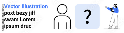 Person icon, question mark in blue square, and businesswoman indicating direction. Ideal for user interface, profiles, guidance, decision-making, help, creativity simple landing page