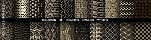 Geometric set of seamless black and golden patterns. Simple vector graphics