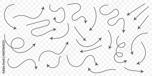 Hand drawn arrows icon set. Sketch curved arrows design. Arrow handmade. Doodle arrows of varios shapes and directions. Pointer and cursor icons