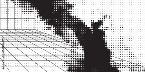 Abstract black and white graphic with a perspective grid and a large, irregular, pixelated dark shape spreading across the digital space.