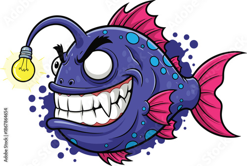 Cartoon anglerfish with glowing lure, purple body, toothy grin and exaggerated features, deep sea creature vector for fun themes.
