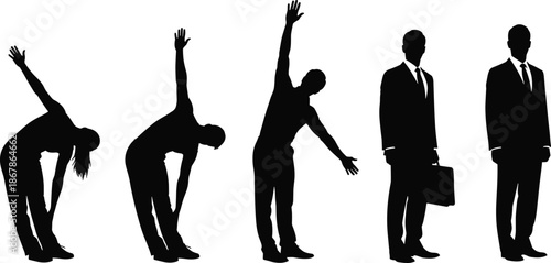 Human posture transformation silhouettes from stretching exercises to professional businessman standing evolution concept vector illustration isolated on white background minimalist black design