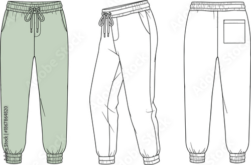 Men jogger pants vector illustration with front side back views elastic waist drawstring casual sportswear design flat apparel template fashion